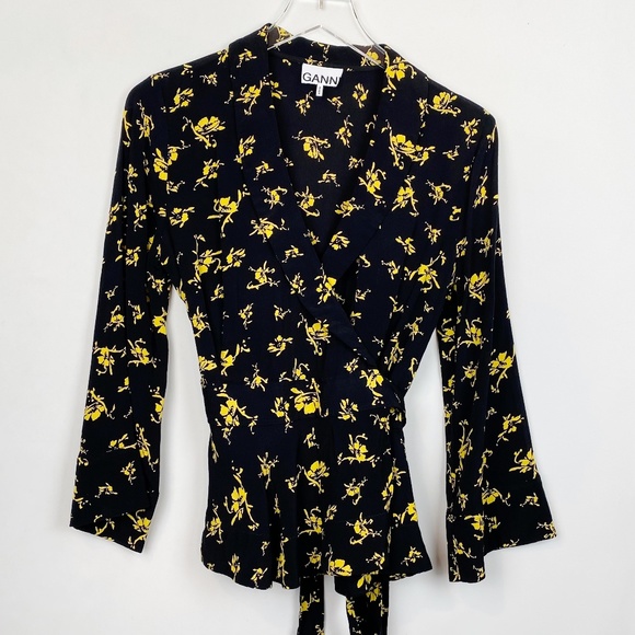 Ganni Floral Wrap Blouse Black Yellow Crepe 38 - Picture 1 of 9
